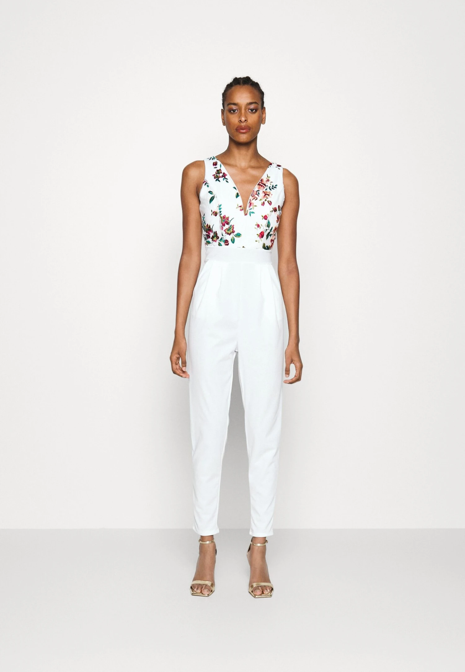 Contrast Plunge - Jumpsuit - White 1 Contrast Plunge - Jumpsuit - White
