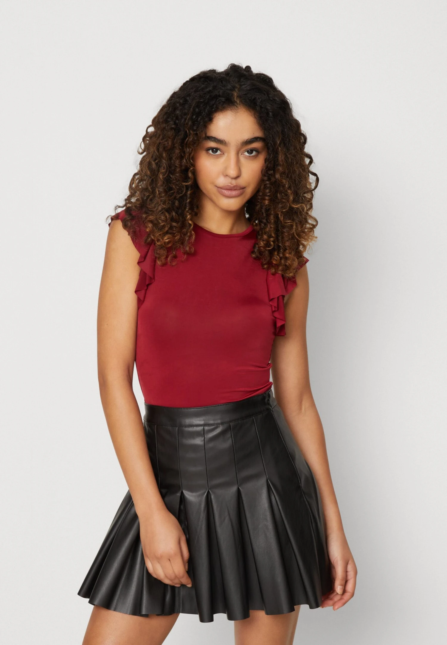 Wal G Ben Ruffle Bodysuit - T-Shirt Print - Burgundy 1 Wal G Ben Ruffle Bodysuit - T-Shirt Print - Burgundy