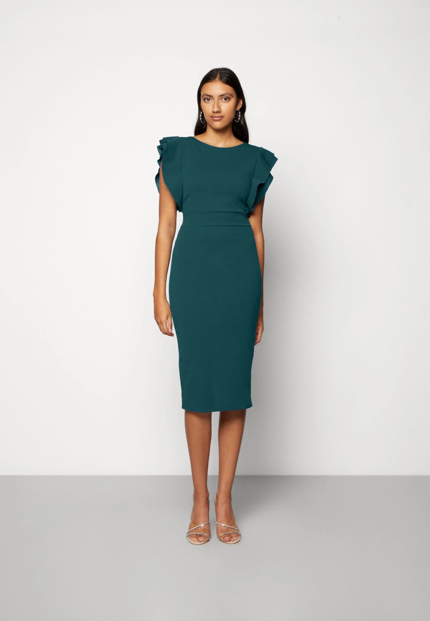 Wal G Diana Ruffle Sleeve Midi Dress - Jerseyjurk - Dark Teal Blue 1 Wal G Diana Ruffle Sleeve Midi Dress - Jerseyjurk - Dark Teal Blue