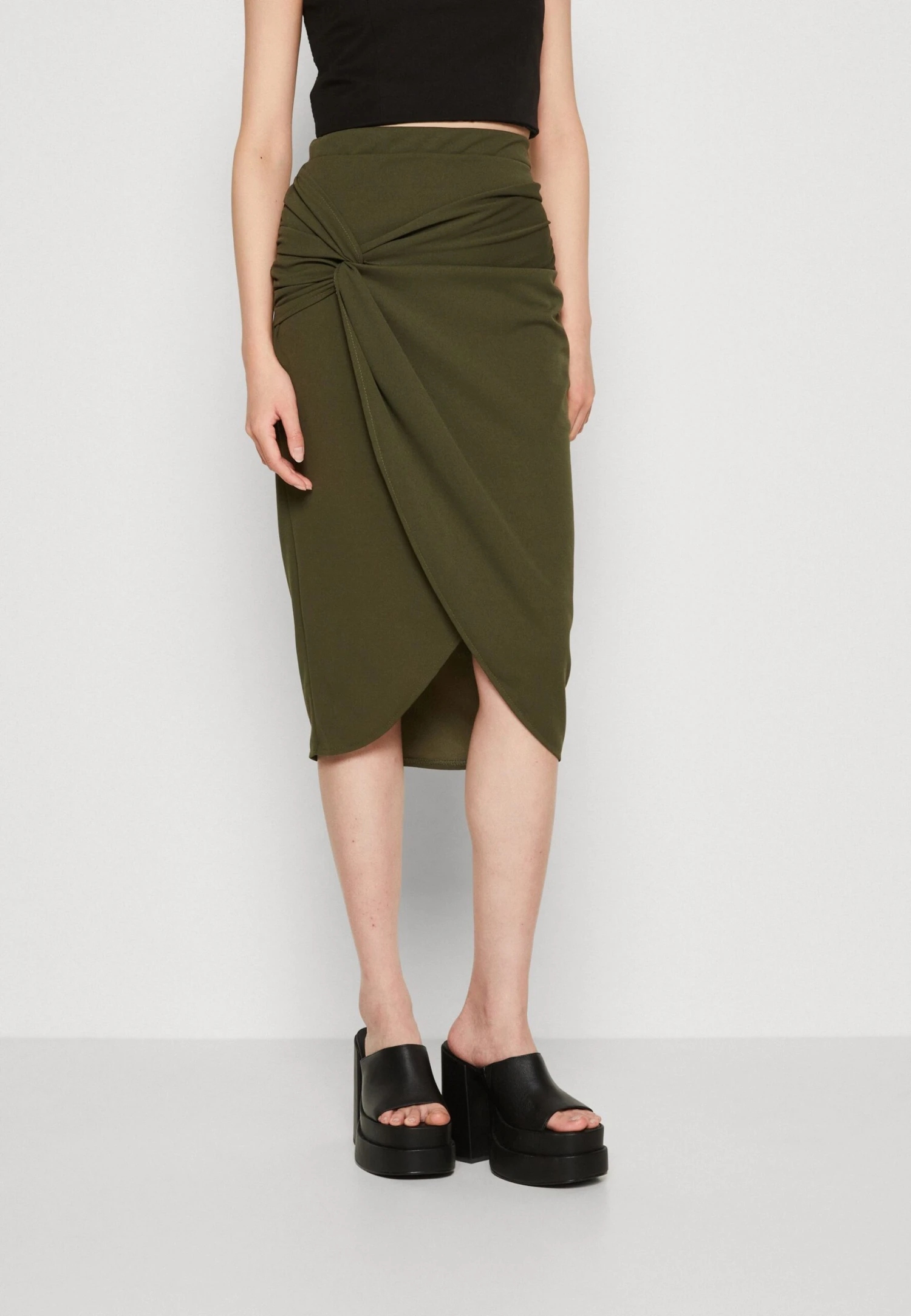 Wal G Aliya Knot Midi Skirt - Kokerrok - Dark Khaki 1 Wal G Aliya Knot Midi Skirt - Kokerrok - Dark Khaki