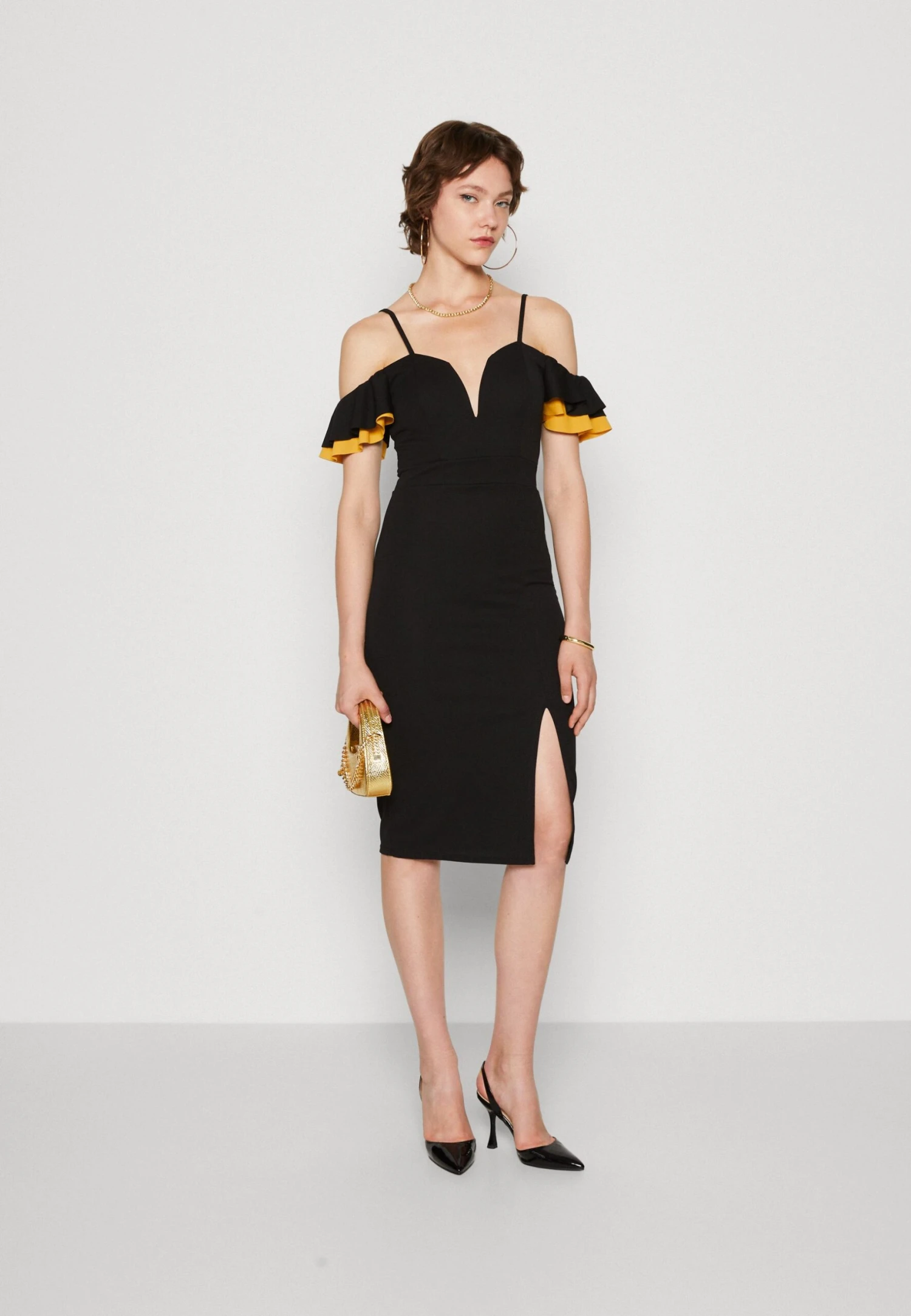 Wal G Simah Frill Midi Dress - Jerseyjurk - Black/Mango 2 Wal G Simah Frill Midi Dress - Jerseyjurk - Black/Mango - Afbeelding 2