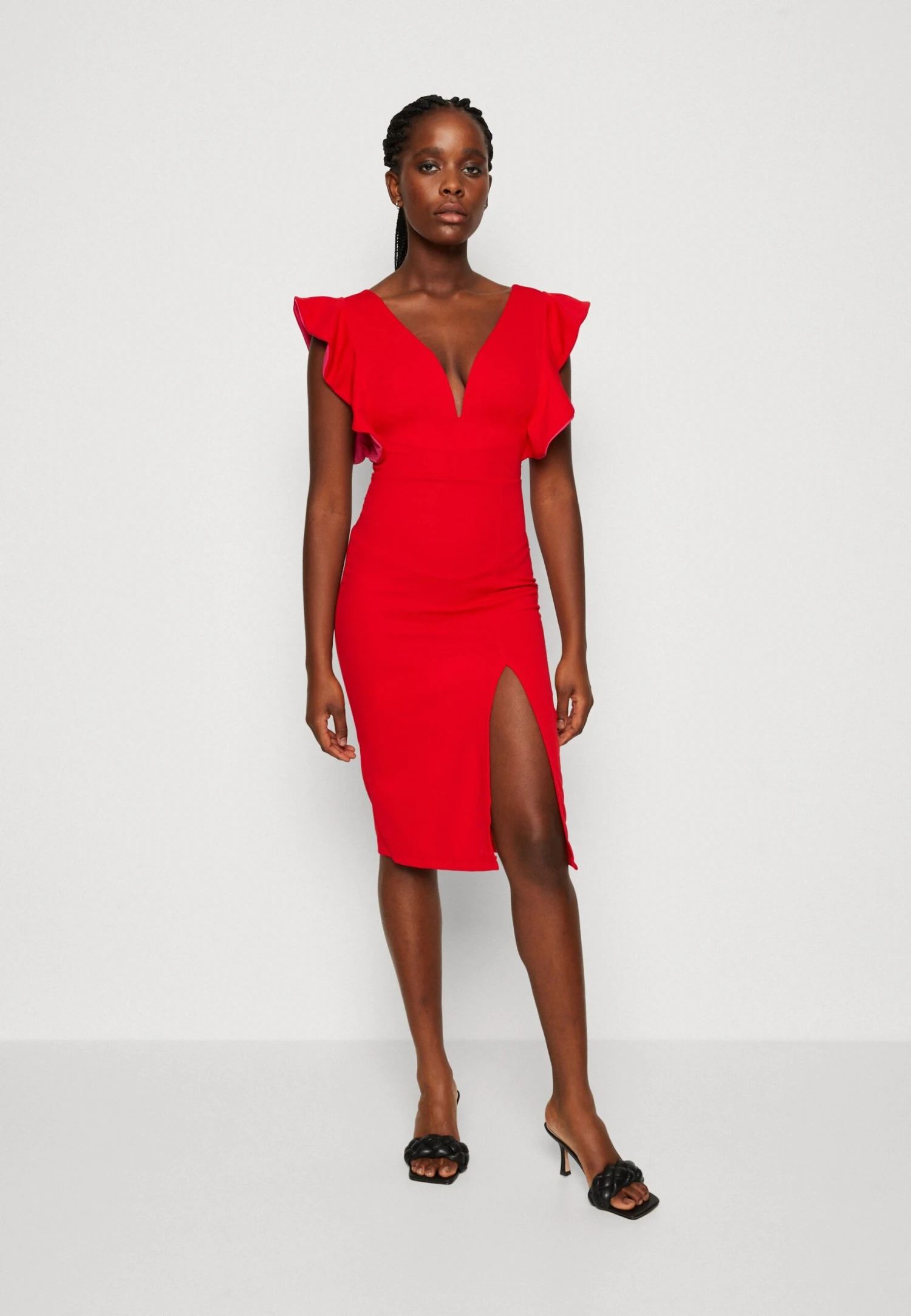 Wal G V Neck Ruffle Sleeve Midi Dress - Jerseyjurk - Red/Fushia 1 Wal G V Neck Ruffle Sleeve Midi Dress - Jerseyjurk - Red/Fushia